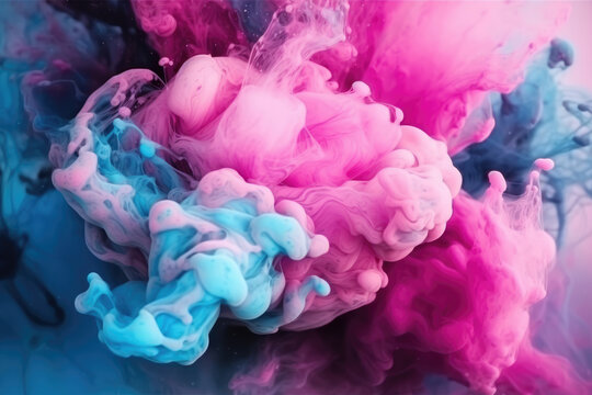 Glitter fluid. Ink water shot. Paint blend. Pink blue color shiny glowing sparkling smoke cloud abstract art background with free space.