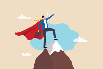 Ambition to success, motivation or aspiration to achieve goal, victory or career growth, challenge or aiming for success concept, successful businessman superhero pointing finger up on mountain peak.