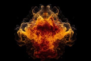 Fluid kaleidoscope. Paint water. Ink drop. Yellow red orange color smoke cloud explosion symmetrical pattern on dark black glitter texture abstract background