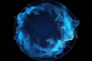Fluid splash. Round frame. Paint water. Astrology moon. Blue color glowing vapor cloud circle on star texture dark night black abstract background