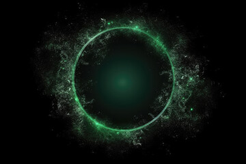 Obraz premium Glitter mist. Circle frame. Mystic vortex. Green color sparkling dust particles floating motion in round smoke swirl on dark black abstract reveal background