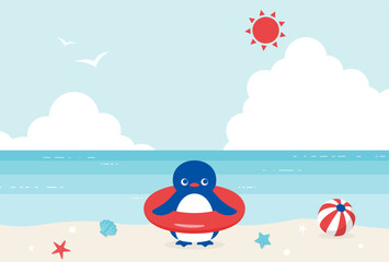 summer vector background with a penguin on the beach for banners, cards, flyers, social media wallpapers, etc.