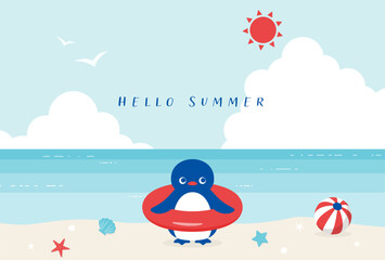 summer vector background with a penguin on the beach for banners, cards, flyers, social media wallpapers, etc.