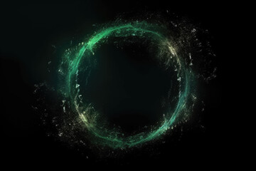 Glitter mist. Circle frame. Mystic vortex. Green color sparkling dust particles floating motion in round smoke swirl on dark black abstract reveal background - obrazy, fototapety, plakaty
