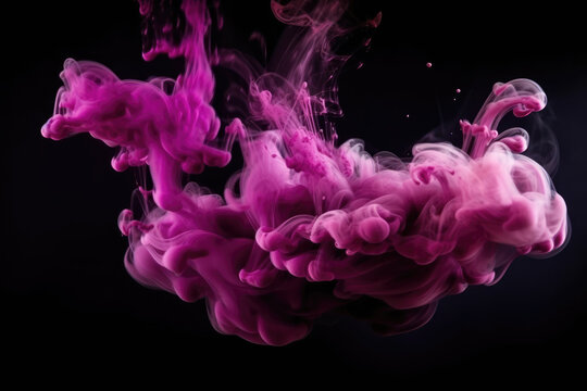 Ink splash. Color smoke. Paint water. Fantasy magic. Purple pink color glossy fume cloud dust particles on dark black abstract art background with free space