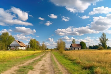 Obraz premium Countryside village. Hay fields. Agricultural land. Green and yellow harvest path of farmland meadow with small cottage houses fluffy sky clouds daylight panorama