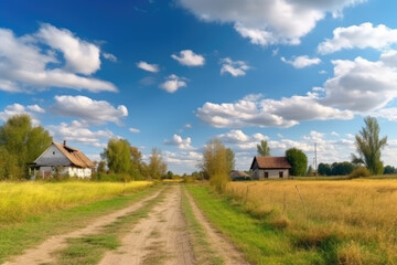 Fototapeta na wymiar Countryside village. Hay fields. Agricultural land. Green and yellow harvest path of farmland meadow with small cottage houses fluffy sky clouds daylight panorama