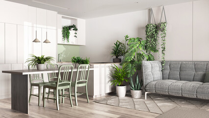 Urban jungle, kitchen and living room in white and bleached wooden tones. Dining table, sofa and houseplants. Home garden interior design. Biophilia concept