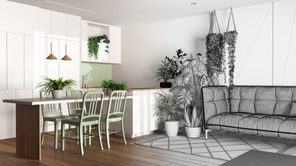 Architect interior designer concept: hand-drawn draft unfinished project that becomes real, urban jungle, kitchen and living room. Home garden interior design. Biophilia concept