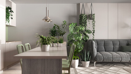 Urban jungle, kitchen with island and living room in white and bleached wooden tones. Sofa , carpet and houseplants. Home garden interior design. Biophilia concept