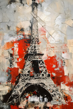 Abstract painting concept. Colorful art style of the Eiffel tower in Paris on torn paper collage background. Generative AI.