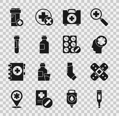 Set Medical digital thermometer, Crossed bandage plaster, Male head with hospital, First aid kit, Bottle of medicine syrup, Test tube blood, Medicine bottle and Pills blister pack icon. Vector