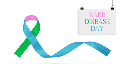 Three-color ribbon for the world rare disease day on 28 of February. On a world map background.