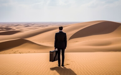 Fototapeta na wymiar Businessman in a suit and with a briefcase, standing in a dry barren desert looking for business opportunities. Shallow field of view, illustrative generative AI. Not a real person.