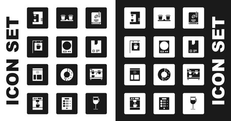 Set Coffee book, Electronic scales, Street signboard coffee, machine, Bag beans, cup to go, and icon. Vector