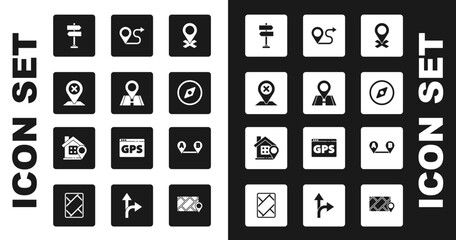 Set Location, Road traffic sign, Compass, Route location, and with house icon. Vector