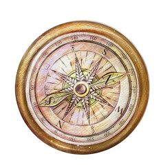 Vintage gold compass watercolor freehand drawing isolate. Hand drawing. Vintage clip art element for design cards, posters, stickers - obrazy, fototapety, plakaty