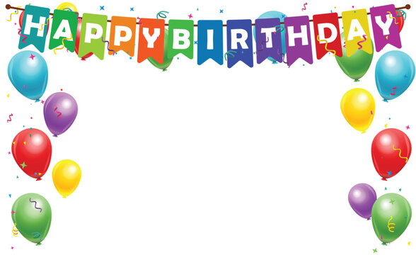 Happy birthday vector transparent background. colorful happy birthday border frame with confetti	
