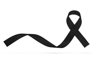 Black awareness ribbon isolated. Mourning and melanoma symbol. White banner with cancer cancer realistic black ribbon. Design template for info graphic or magazine, website.