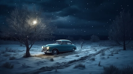 Obraz na płótnie Canvas Old car on a road at night in the winter.generative ai