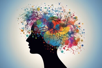 Rainbow Collage art creative mind, double exposure, flow of ideas, brain games. Generative ai.