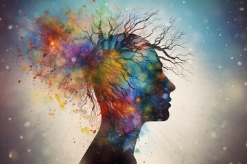 Rainbow Collage art creative mind, double exposure, flow of ideas, brain games. Generative ai.