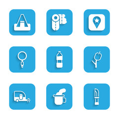 Set Bottle of water, Cup tea, Knife, Marshmallow on stick, Rv Camping trailer, Magnifying glass, Location for camping and Tourist tent icon. Vector