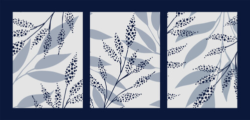 Creative floral posters. Blue background with plants, dot, leaves. Hand-drawn minimalist illustrations for interior design, social media, covers, brochures.