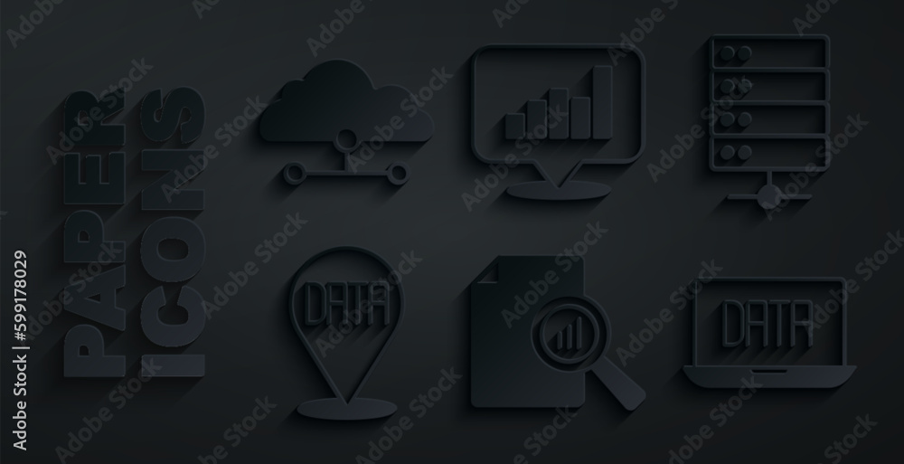 Poster set document with graph chart, server, data analysis, pie infographic and network cloud connection i