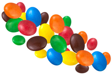 Levitation of multicolored glazed dragee isolated on transparent background.