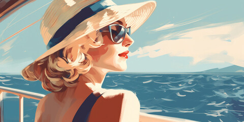 Cruise holiday, illustration of elegant woman portrait on cruise ship deck. Generative AI - obrazy, fototapety, plakaty