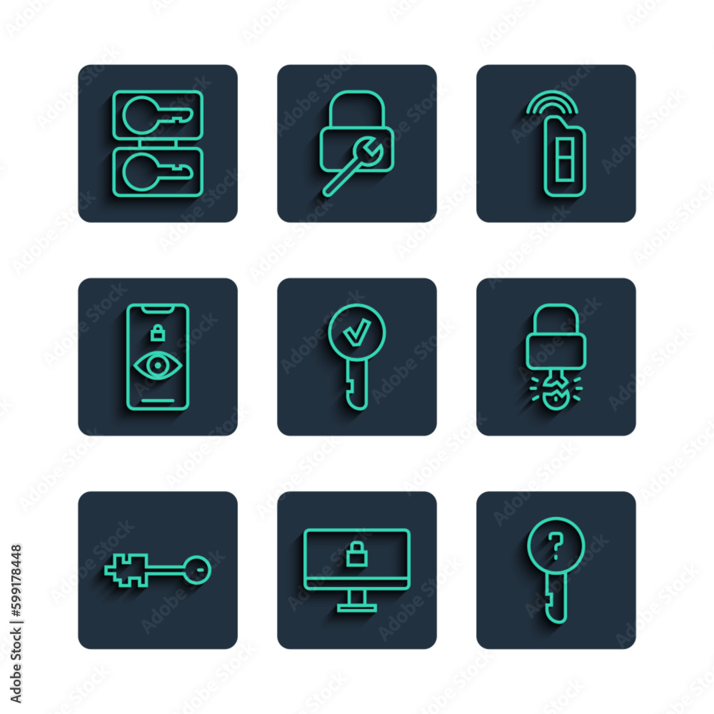 Poster set line old key, lock on computer monitor, undefined, car with remote, key, eye scan, casting keys 