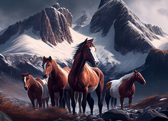 Fototapeta na wymiar Galloping Horses: A Captivating Scene of a Horse Herd Threading Through Mountains of Snow, Set Against the Grandeur of Beautiful Mountain Scenery