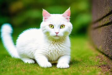 Naklejka na ściany i meble Beautiful cat with green eyes on the background of green leaves. Generative AI