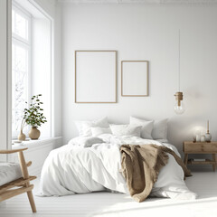 A bedroom with a white wall and a white bed with a blanket on it modern interior Generative AI