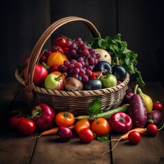 Fresh organic vegetables and fruits in wicker basket
