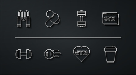 Set line Jump rope, Dumbbell, Online fitness and training, Fitness gym heart, Tennis ball, Sports nutrition, shaker and icon. Vector