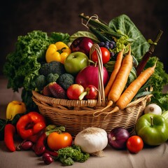 Obraz na płótnie Canvas Fresh organic vegetables and fruits in wicker basket