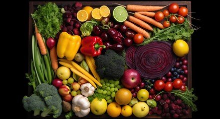 full frame of fresh organic vegetables and fruits, top view