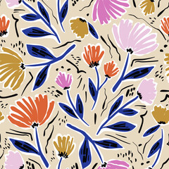 Floral bright seamless pattern with hand drawn flowers on dark background. Vector illustration. Greet for fabric, textile, digital papers.