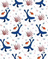 Fur seal, red fish, seaweed seamless vector pattern. Sea inhabitants Marine life. Underwater animal.