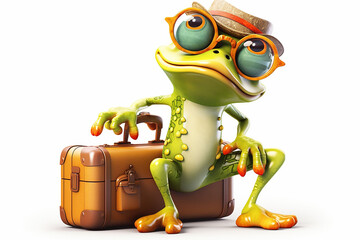 Frog. Cartoon. Frog with a suitcase in sunglasses. Frog traveler. Generative AI