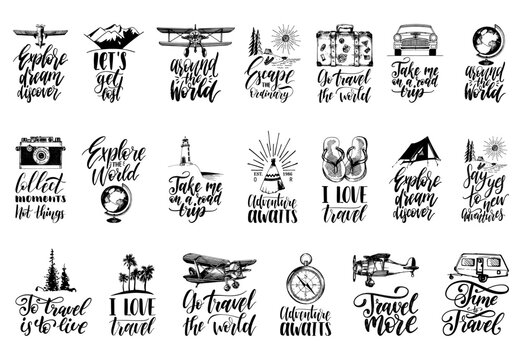 Travel hand lettering quote set, touristic symbols