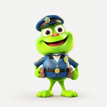 3D Render of a Green Frog Police Officer on a white background.  Illustration.  Generative AI