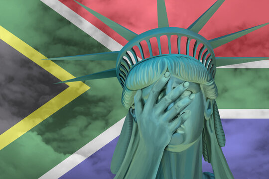 Statue of Liberty. Facepalm emoji on background in colors of South Africa flag