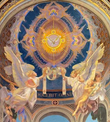 Fotobehang GENOVA, ITALY - MARCH 7, 2023: The fresco of Holy Spirit among the angels in the church Chiesa di Sacro Cuore e San Giacomo from 20. cent. © Renáta Sedmáková