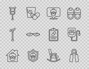 Set line Nursing home, Sport expander, Grandmother, Crutch crutches, Eyeglasses, Rocking chair and IV bag icon. Vector