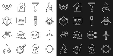 Set line Molecule, Wind turbine, Biohazard symbol, Funnel or filter, healthy food, Medical protective mask and Test tube and flask icon. Vector