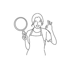 young woman chef holding frying pan isolated on white background showing okay gesture.Hand drawn illustration.