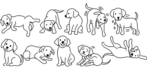 Doodle Cartoon dog illustration set in different poses. Cute sitting, running and lying vector dog isolated on white background